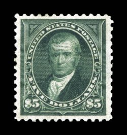 278, $5.00 Dark green, premium mint example of this scarce high value, exceptionally well centered within uncharacteristically large margins, deep intense color and an
outstanding impression, o.g., lightly hinged, extremely fine and handsome en