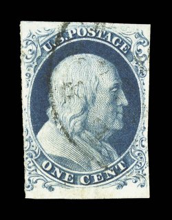 6b, 1c Blue, Ty. Ic, position 91R4, F relief, deeply rich color and a well incised impression, just touching the design at the bottom of the left side, otherwise ample to large
margins including a bottom sheet margin, light town cancel, small