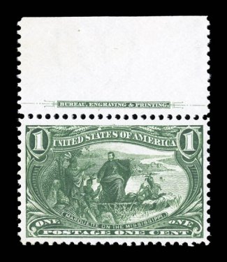 285, 1c Trans-Mississippi, gem top sheet-margin imprint single, marvelously fresh and bright, rich color, outstanding centering and margins, o.g., n.h., extremely fine and
handsome 2000 PF certificate ex-Lyons.