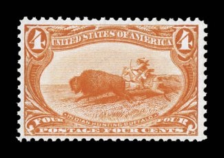287, 4c Trans-Mississippi, brilliantly fresh, incredibly intense color and impression on bright paper, nicely centered, o.g., n.h., very fine and choice 2005 PF
certificate.