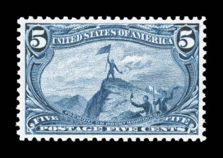 288, 5c Trans-Mississippi, wonderfully fresh mint single, with intensely rich color and a superbly detailed impression on bright paper, excellent centering as well, o.g., n.h.,
extremely fine 1998 PF certificate.