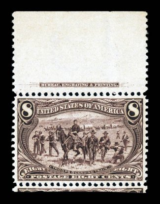 289, 8c Trans-Mississippi, top margin imprint single, neatly cut at bottom showing a portion of the adjoining stamp, excellent centering, rich luxuriant color and a well
incised impression, o.g., n.h., extremely fine 1998 PF certificate.