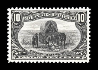 290, 10c Trans-Mississippi, a fabulous mint example, boasting numerous gem physical characteristics, including virtually perfect centering within exceedingly large margins,
plus its color is an extraordinary intense and fresh shade, razor-sharp