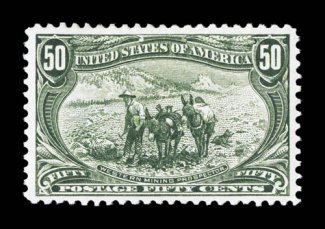 291, 50c Trans-Mississippi, particularly large margins all around and being quite well centered within them, strong rich color and a crisp impression, o.g., extremely fine 2000
PF certificate.