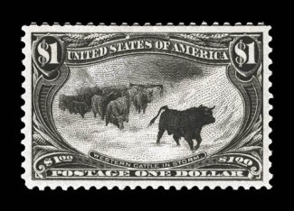 292, $1.00 Trans-Mississippi, a fabulous quality mint single of this always popular commemorative, being in a condition that is almost never encountered, with near perfect
centering amid lavishly large and wonderfully well balanced margins, deep