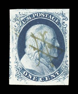 8, 1c Blue, Ty. III, four large to extra-large margins, beautiful color in an especially deep shade and a razor-sharp impression, ms. cancel, extremely fine 1960 and 1992 PF
certificates.