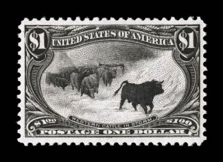 292, $1.00 Trans-Mississippi, exceptionally well centered and margined, strong color and impression on bright white paper, o.g., lightly hinged, extremely fine a handsome mint
example of this popular commemorative.