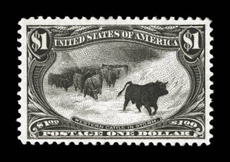 292, $1.00 Trans-Mississippi, uncommonly well centered within wide margins, strong color and impression, o.g., lightly hinged, very fine 1978 PF certificate and a 2008 PSE
certificate.