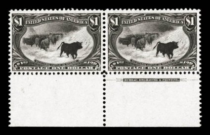 292, $1.00 Trans-Mississippi, handsome and scarce bottom margin imprint pair, exceedingly fresh, with deep color and a razor-sharp impression on crisp white paper, well
centered and margined, unblemished o.g., never hinged, very fine and quite c