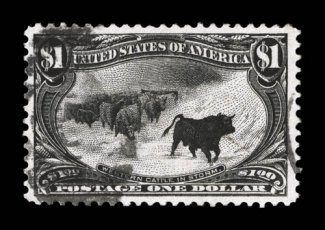 292, $1.00 Trans-Mississippi, a most impressive used example that is exceptionally well centered within uncharacteristically large margins, deep color and impression on bright
paper, light duplex cancel, extremely fine 1998 PF certificate and a