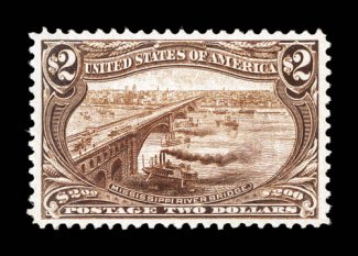 293, $2.00 Trans-Mississippi, an outstanding mint example of this commemorative high value, being in a quality that is almost never encountered, being extraordinarily well
centered within considerably wider margin than typically found on this ti