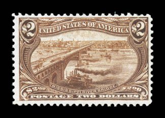 293, $2.00 Trans-Mississippi, an especially fresh mint single, with sumptuously rich color and a crisp detailed impression on bright paper, nicely centered, o.g., never hinged,
very fine photocopy of a 2002 PF certificate for a block of four, t