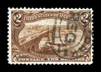 293, $2.00 Trans-Mississippi, a particularly handsome premium quality used example of this commemorative high value, being exceptionally well centered within much larger
margins than typically found, deeply rich color and a well defined impressi