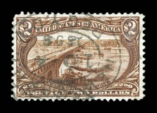 293, $2.00 Trans-Mississippi, used, unusually well centered and margined, strong rich color, slightly improved perforation at top, otherwise extremely fine.