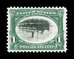 294a, 1c Pan-American, Center Inverted, virtually perfectly centered within uncharacteristically large margins, extraordinarily fresh overall, with particularly deep rich
colors on bright paper, unusually even and intact perforations all around,