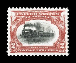 295, 2c Pan-American, excellent centering within large margins, rich bright color on clean white paper, o.g., n.h., extremely fine 2006 PSE certificate (XF-Superb 95 SMQ
$380.00).