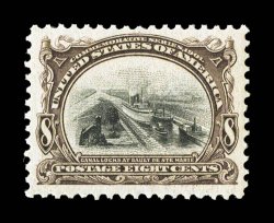 298, 8c Pan-American, a most impressive quality mint single, possessing margins of exceptional size and being incredibly well centered within them, especially deep colors and
strong impressions, o.g., n.h., an extremely fine gem 2001 PF certifi