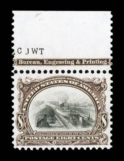 298, 8c Pan-American, an extraordinarily handsome top sheet-margin partial imprint single, featuring near perfect centering amid considerably larger margins than typically
encountered, even its colors are far more intense than usual, o.g., n.h.,