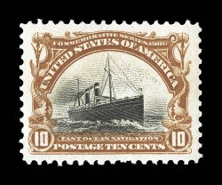 299, 10c Pan-American, marvelously well centered within enormously large margins, the likes of which are almost never seen on this stamp, intensely rich color and impression,
o.g., barest trace of hinging, extremely fine 1997 PSE certificate.