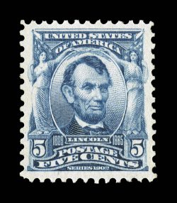 304, 5c Blue, a lovely mint single that is exceedingly well centered within large margins, strong rich color and a crisp impression, flawless o.g., n.h., extremely fine 1999 PF
certificate.