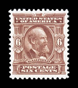 305, 6c Claret, an eye-arresting mint single, in a quality that is nearing complete perfection, with mathematically precise centering amid lavishly large margins which are most
uncommon to this particular value, plus its color and impression are