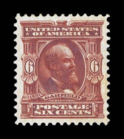 305, 6c Claret, gem mint single, precisely centered amid large balanced margins, intensely rich color and a superbly detailed impression, o.g., lightly hinged, extremely fine
2008 PSE certificate (Superb 98 SMQ $530.00) this is the highest