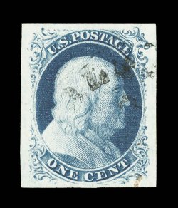 8A, 1c Blue, Ty. IIIa, an exceptionally choice used example, featuring wide balanced margins all around, sumptuously rich color and an excellent clarity of impression on crisp
white paper, very light c.d.s. as well as a bit of red cancel at bott