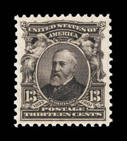 308, 13c Purple black, an exceedingly choice mint single, wonderfully well centered within large balanced margins, intense prooflike color and impression, pristine o.g., n.h.,
extremely fine 2008 PSE certificate (XF-Superb 95 SMQ $1,200.00).
