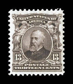 308, 13c Purple black, uncharacteristically well centered within large margins, rich color and a detailed impression, o.g., n.h., extremely fine 2002 PF certificate for a block
of four, this being the bottom left stamp.
