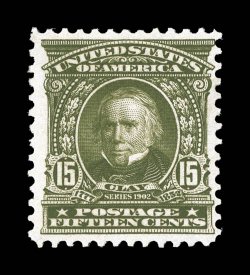 309, 15c Olive green, pristine mint single, deep luxuriant color and a strong impression, nicely centered, o.g., n.h., nearly very fine 2006 PSE certificate.