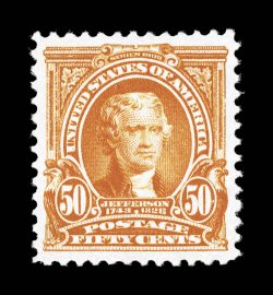 310, 50c Orange, a gorgeous mint example that is marvelously well centered amid lavish margins all around, brilliant color on fresh white paper, o.g., lightly hinged, extremely
fine 2007 PSE certificate (XF-Superb 95 SMQ $1,700.00).