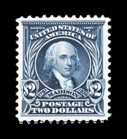 312, $2.00 Dark blue, an exceedingly choice mint example, being fabulously fresh and crisp overall, with gorgeous intense color and a detailed prooflike impression on
immaculate paper, extraordinarily well centered as well, with exceptionally la