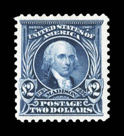 312, $2.00 Dark blue, handsome mint example, possessing uncharacteristically large margins and being quite well centered within them, rich luxuriant color and a deeply etched
impression, o.g., relatively lightly hinged, choice very fine 2006 PF