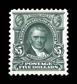 313, $5.00 Dark green, an especially choice mint example, featuring an exceptional overall freshness and brilliance, with prooflike color and impression on immaculate paper,
well centered amid unusually large margins, full clean o.g. that has be