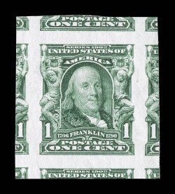 314, 1c Blue green imperforate, the ultimate mint example, possessing huge margins all around being cut from the sheet so that virtually the largest margins possible exist
showing large portions of all of the adjoining stamps, intense deep col