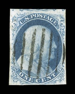 8A, 1c Blue, Ty. IIIa, used, full to mostly large margins all around, rich bright color and a well defined impression, grid cancel, extremely fine 2008 PSE certificate (XF 90
SMQ $2,600.00).