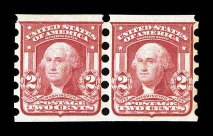 320, 2c Carmine, Ty. I, imperforate, Mailometer Ty. II perforations, choice mint pair of this elusive private vending machine coil pair, excellent centering, bright color,
o.g., l.h., extremely fine quite scarce both in such exceptional quality