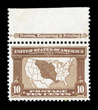 327, 10c Louisiana Purchase, an incredibly select mint top margin partial imprint single of this surprisingly challenging value to find in true premium condition, featuring
outstanding centering amid lavishly large margins, plus its color could