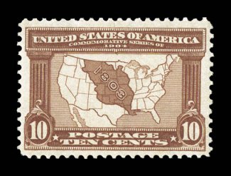 327, 10c Louisiana Purchase, extraordinarily well centered within much larger margins than typically found, strong rich color and a crisp impression, o.g., n.h., an extremely
fine gem 1999 PF certificate.