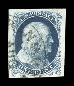 8A, 1c Blue, Ty. IIIa, exceptionally large margins on all four sides, deep rich color and a wonderfully detailed impression, light town c.d.s., tiny scissor cut in the bottom
margin at left, extremely fine appearance clear 1984 PF certificate.