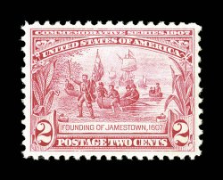 329, 2c Jamestown, premium mint example of this always difficult stamp, flawlessly centered within uncharacteristically large margins, bright color, o.g., n.h., extremely fine
quite elusive in this choice condition 1987 and 2001 PF certificate
