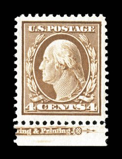 334, 4c Orange brown, a superb bottom sheet-margin partial imprint single, possessing huge margins all around and being perfectly centered within them, rich color and an
uncommonly detailed impression, o.g., n.h., an extremely fine jumbo 1990 P