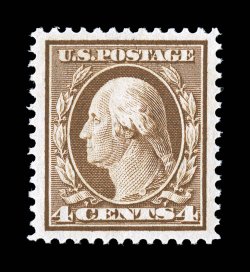 334, 4c Orange brown, a fabulous mint single, possessing large symmetrical margins all around, plus its color is exceptionally rich, while its impression is crisp and detailed,
unblemished o.g., n.h., an extremely fine gem photocopy of a 1998 P