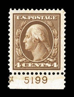 334, 4c Orange brown, bottom margin plate no. 5199 single, well centered within extravagantly large margins, lovely rich color, o.g., n.h. (previously hinged in the selvage
only), extremely fine 1998 and 2006 PSE certificates.