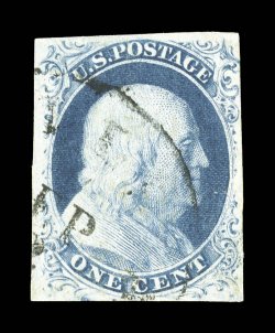 8A, 1c Blue, Ty. IIIa, used, wide break at top, mostly large margins around, rich color, light town c.d.s., tiny corner crease at bottom right, otherwise very fine 1979 PF
certificate.