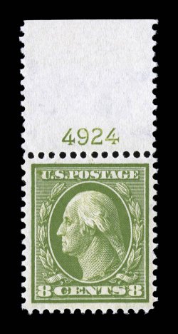 337, 8c Olive green, top margin plate no. 4924 single, uncommonly well centered within large margins, bright and fresh, o.g., n.h., extremely fine.