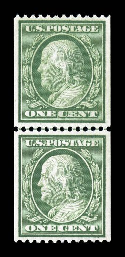 348, 1c Green coil, perf. 12 horiz., highly desirable guide line pair, marvelously well centered and margined, strong color, with the two stamps in distinctly different shades
which actually helps prove the authenticity, pristine o.g., n.h., ext