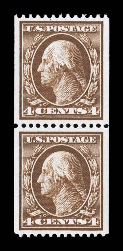 350, 4c Orange brown coil, perf. 12 horiz., mint pair, deep intense color and impression, extraordinarily well centered within large margins, o.g., lightly hinged, extremely
fine 2007 PSE certificate (XF-Superb 95 SMQ $910.00).