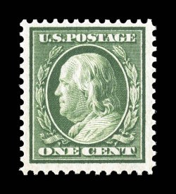 357, 1c Green on bluish paper, exceedingly fresh, deep rich color, well centered and margined, o.g., n.h., choice very fine photocopy of a 2001 PF certificate for a block of
four, this being the top right stamp.