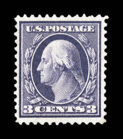 359, 3c Deep violet on bluish paper, rather well centered for this rare stamp, rich luxuriant color and a sharp impression, o.g., l.h., faint trace of a corner perf. tip crease
at top left, still very fine.